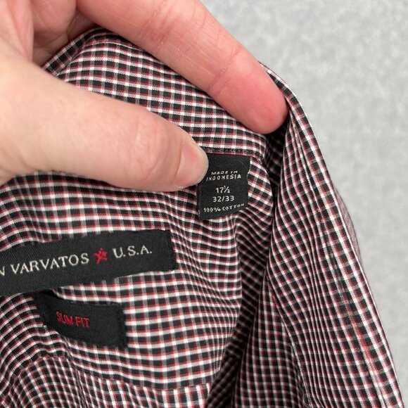 John Varvatos Mens Slim Fit Button Front Shirt Size 17.5 32/33 Black Red Plaid - Picture 6 of 13